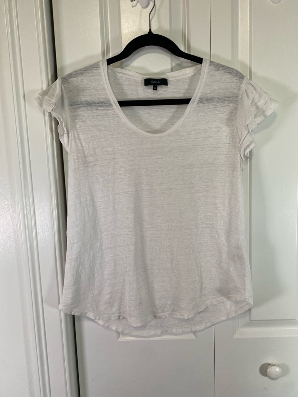 Saba Linen White Scoop Neck Short Ruffle Sleeve Tee